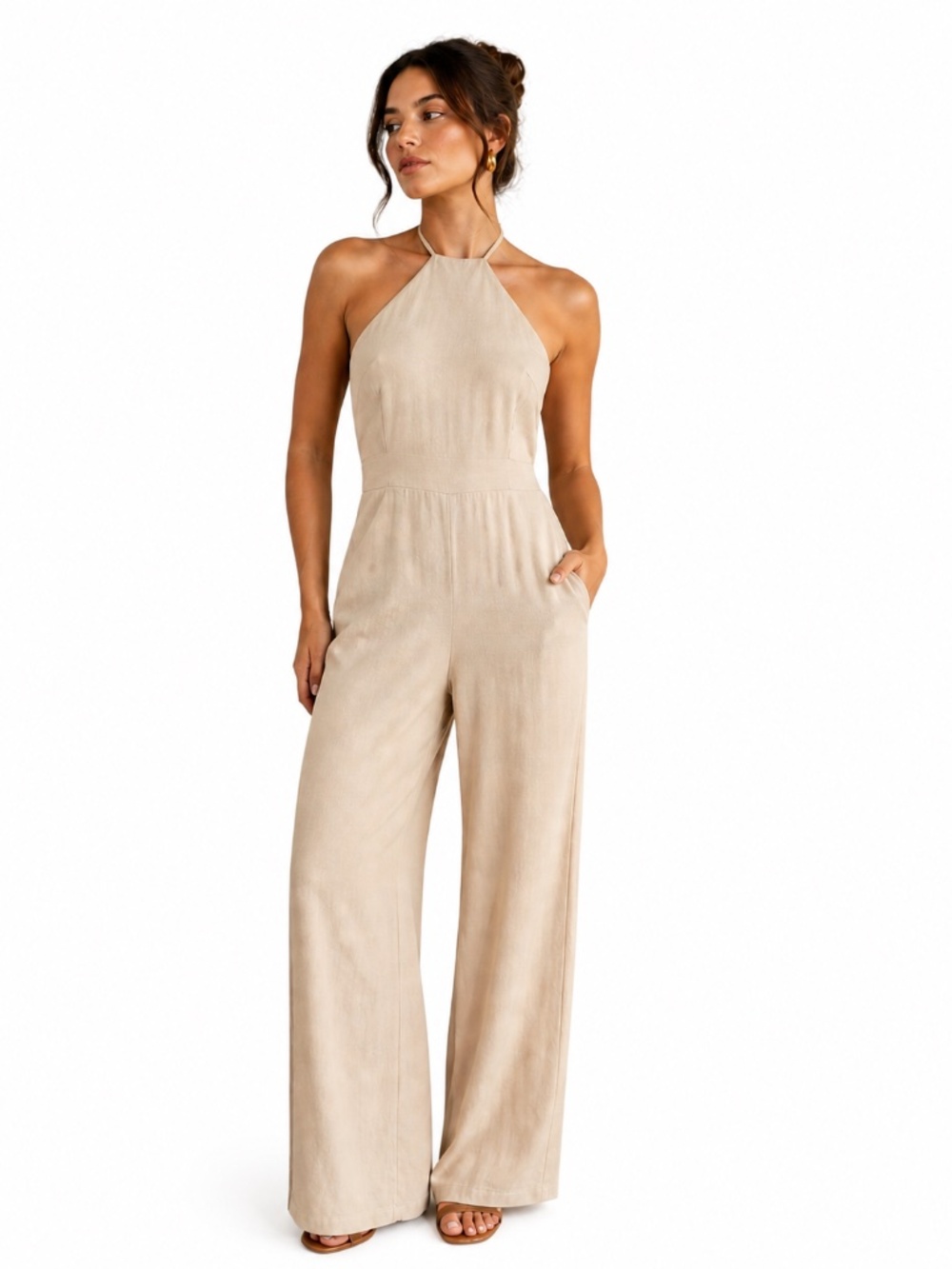 NWT Zara onepiece/romper/jumpsuit S cream halter wide leg open back contemporary